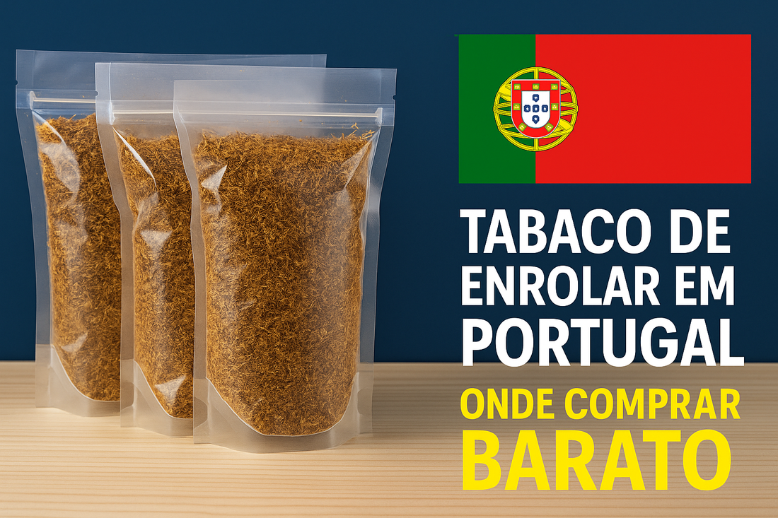 Tabaco de enrolar em Portugal em sacos a vácuo com bandeira portuguesa e texto onde comprar barato